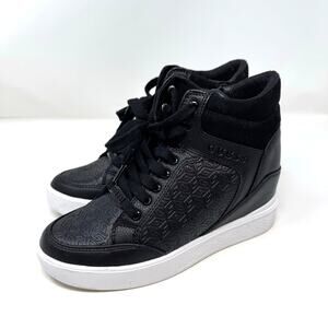 GUESS Blairin Hidden Wedge Sneakers Shoes 7 Black Faux Leather Street Skater Y2K